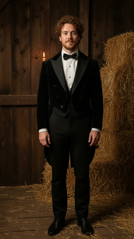 Gerald as Rumpelstiltskin in a velvet tailcoat in a straw barn