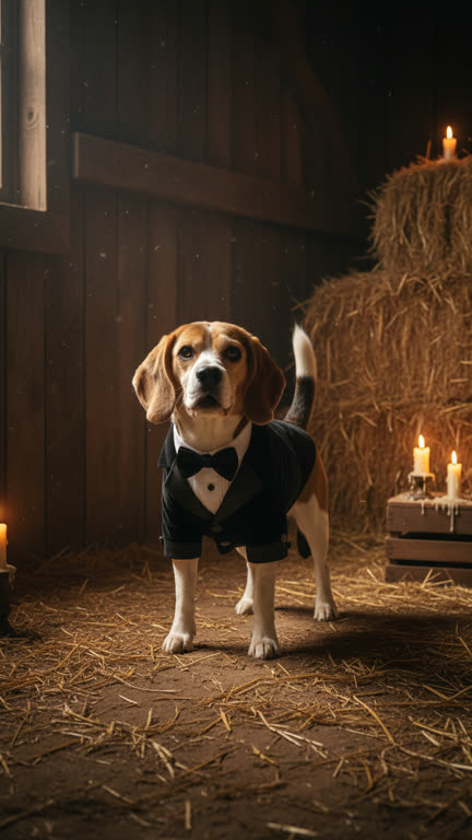Biscuit the beagle as Rumpelstiltskin in a velvet tailcoat in a straw barn